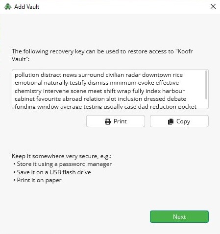 Cryptomator will generate a recovery key that you can save to a secure location or print out.