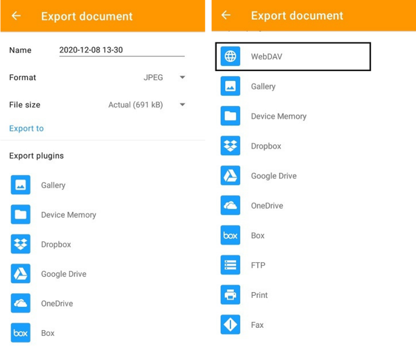 Select the WebDAV export option to save your scans to Koofr.