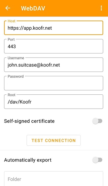 Screenshot of WebDAV settings input form in Genius Scan+.