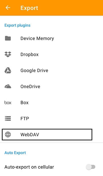 Screenshot of WebDAV option selected for export in Genius Scan+.
