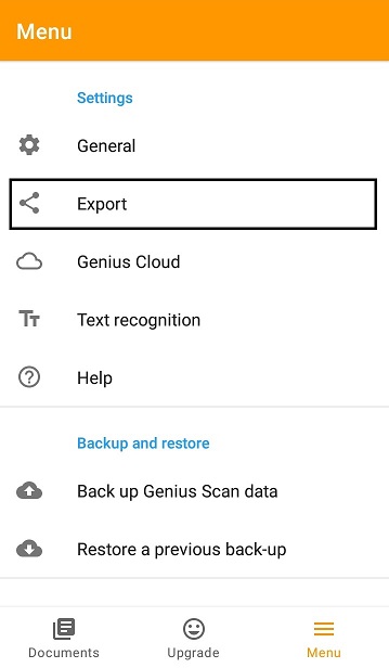 Screenshot of Genius Scan+ app menu with the Export option selected.