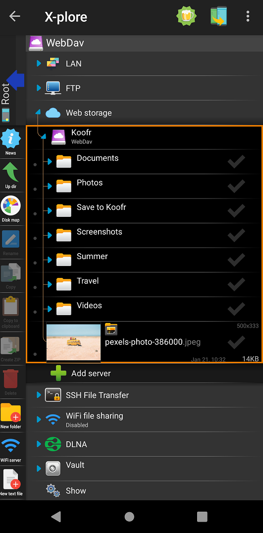 The list of files and folders in your Koofr account is displayed in the X-plore file manager.