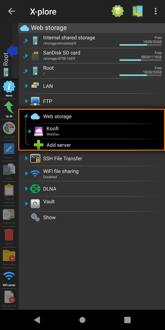 Screenshot of X-plore file manager app with a Koofr connection added.