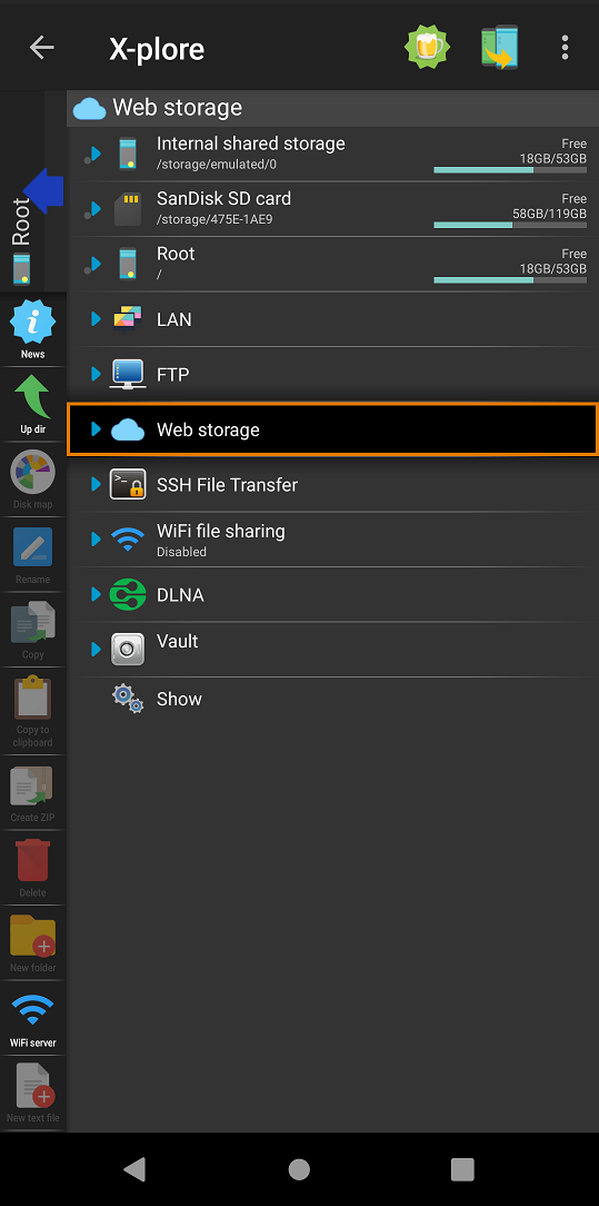 Screenshot of X-plore file manager menu.
