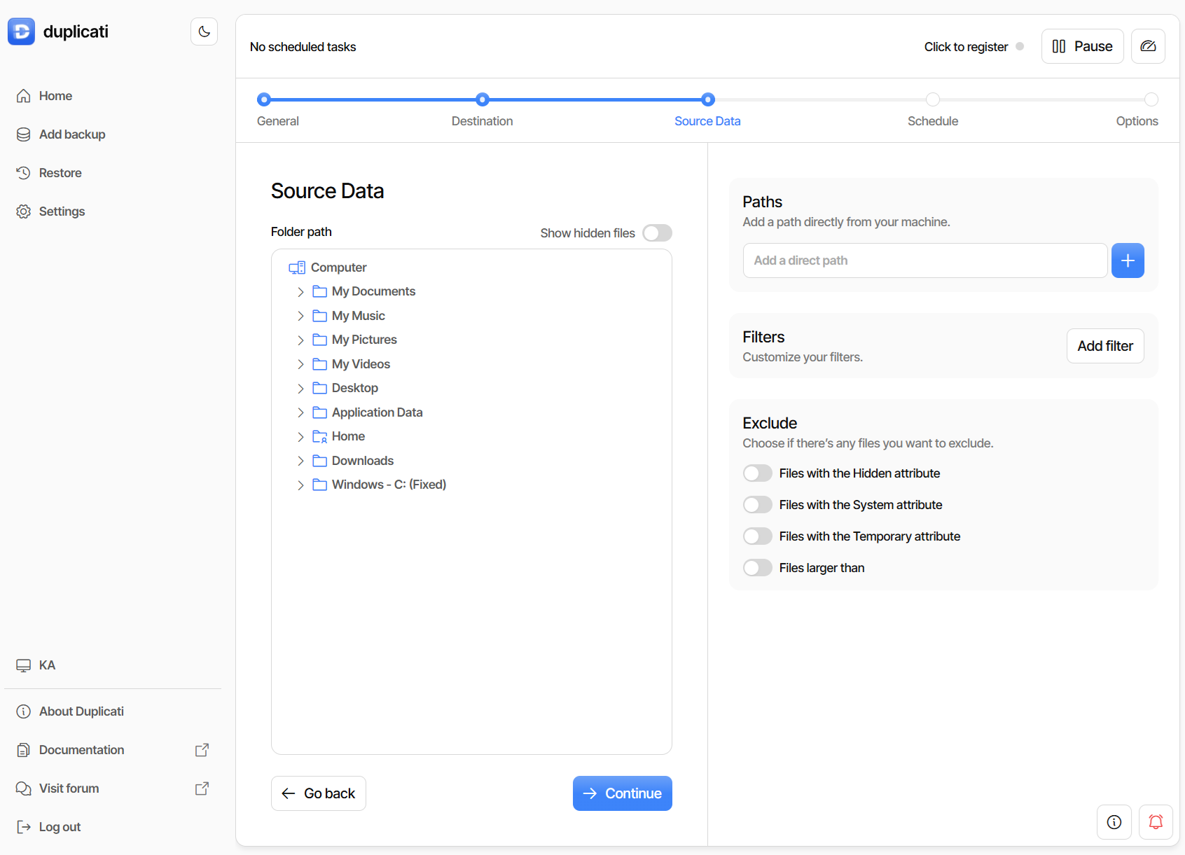 Select folders for backup
