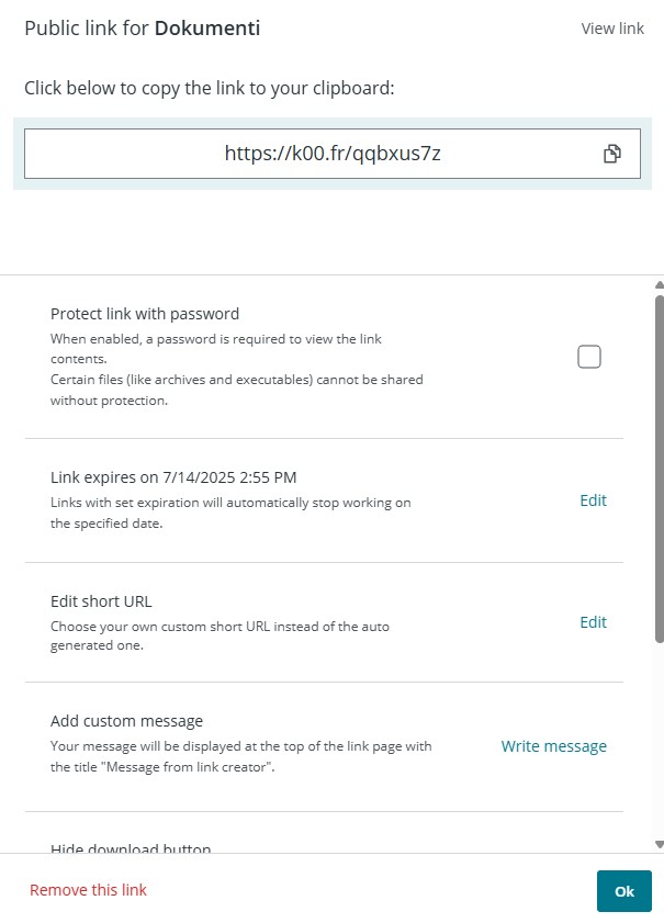 Koofr's send files public link