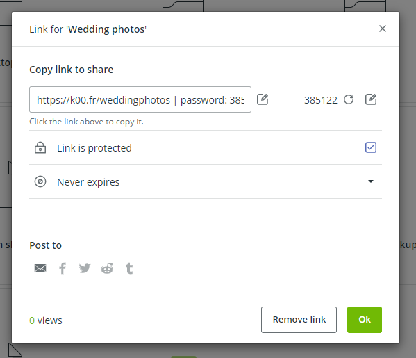 Share link option on Koofr