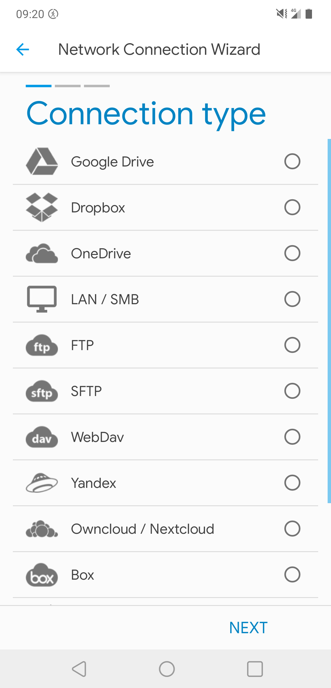 Connection type selector in the Solid Explorer network connection wizard.