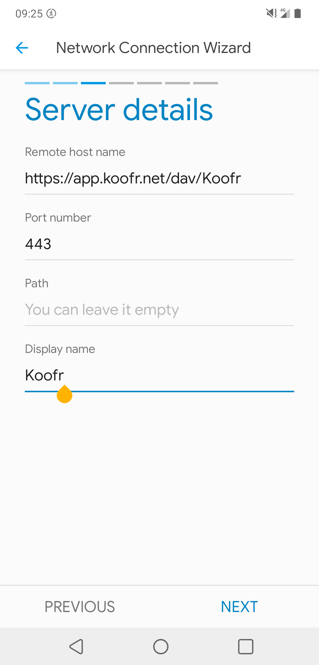 Fill in the server details, including Koofr's WebDAV address.