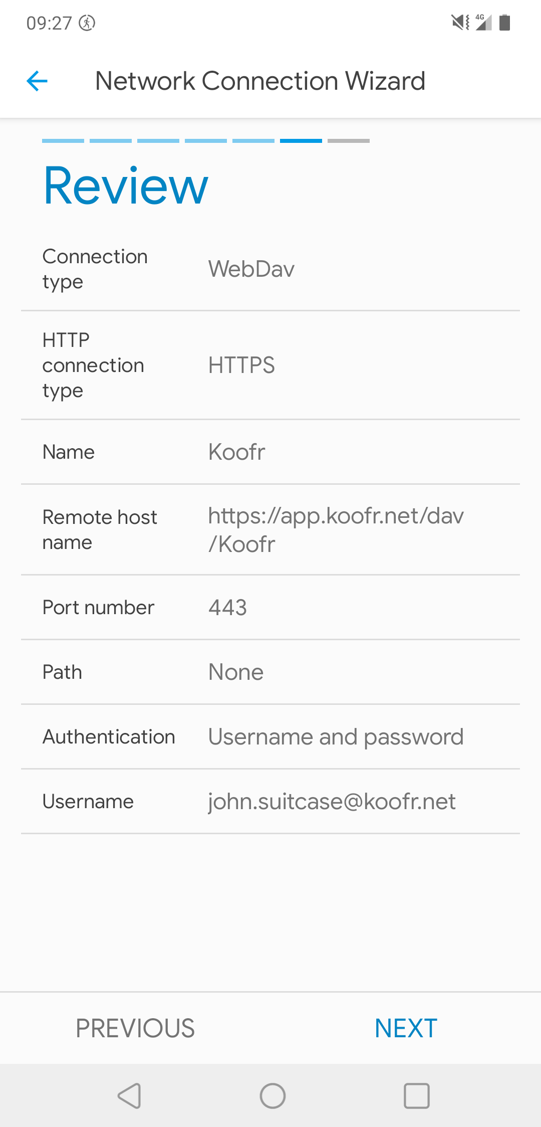 Review your WebDAV configuration before confirming the connection.