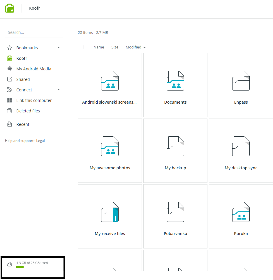 Screenshot: A bar displaying the total amount of available and used storage space in Koofr is located in the bottom left corner of the Koofr web app.