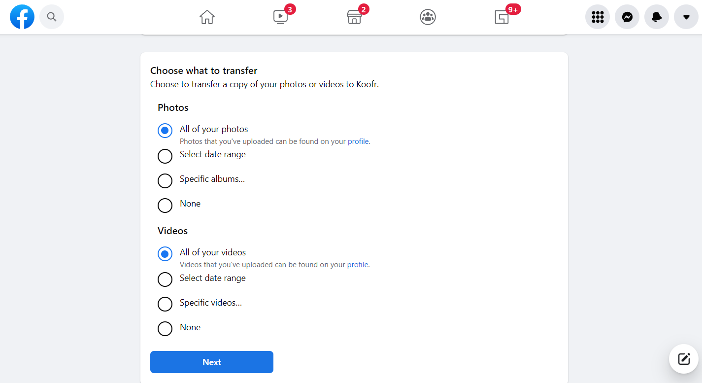 Select which photos and/or videos you'd like to transfer from Facebook.