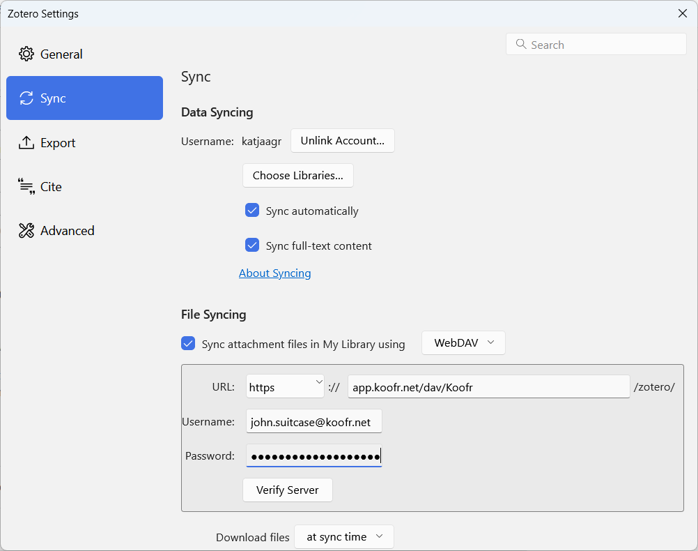 Type your username and password in Zotero desktop app for file syncing