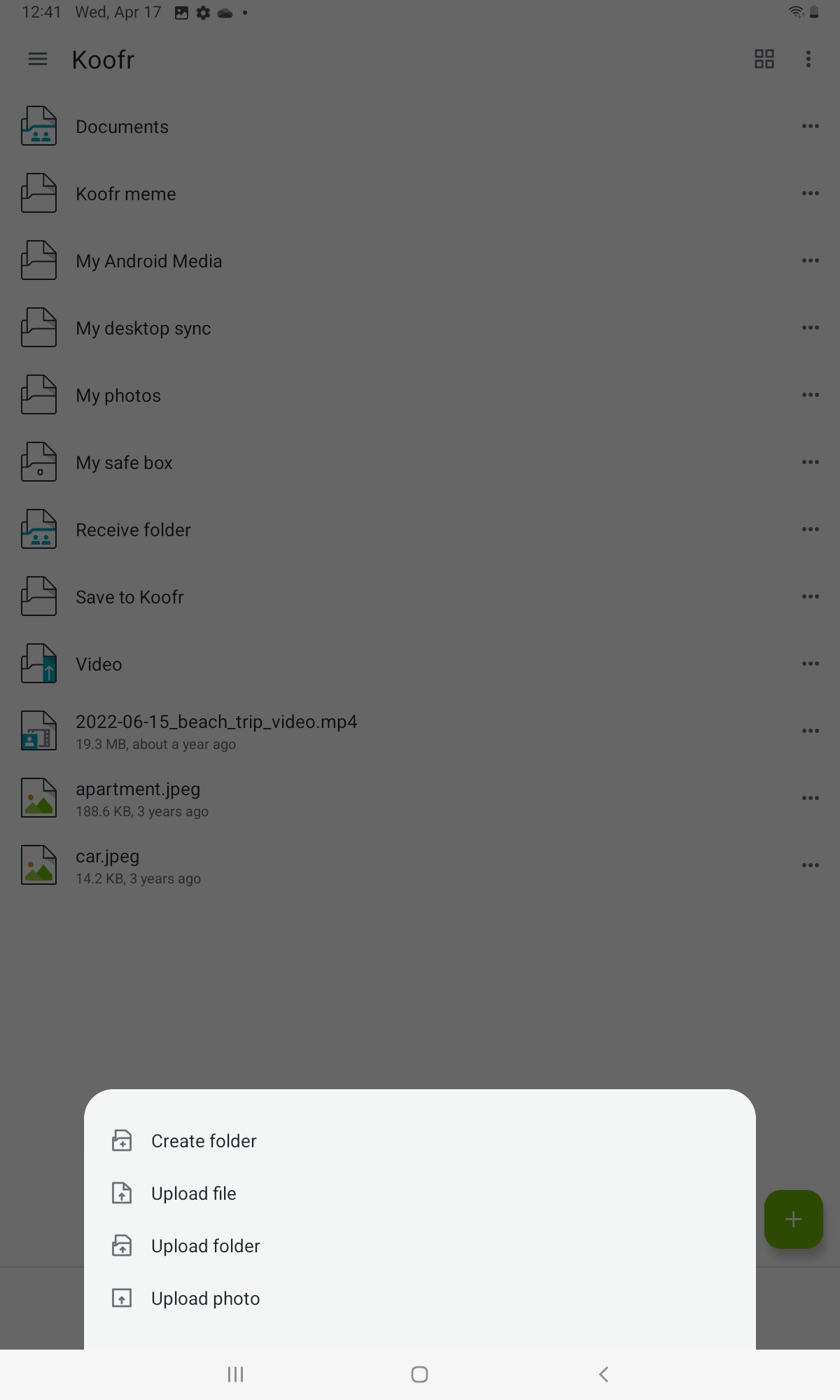 Upload photos files folders to Koofr Android app