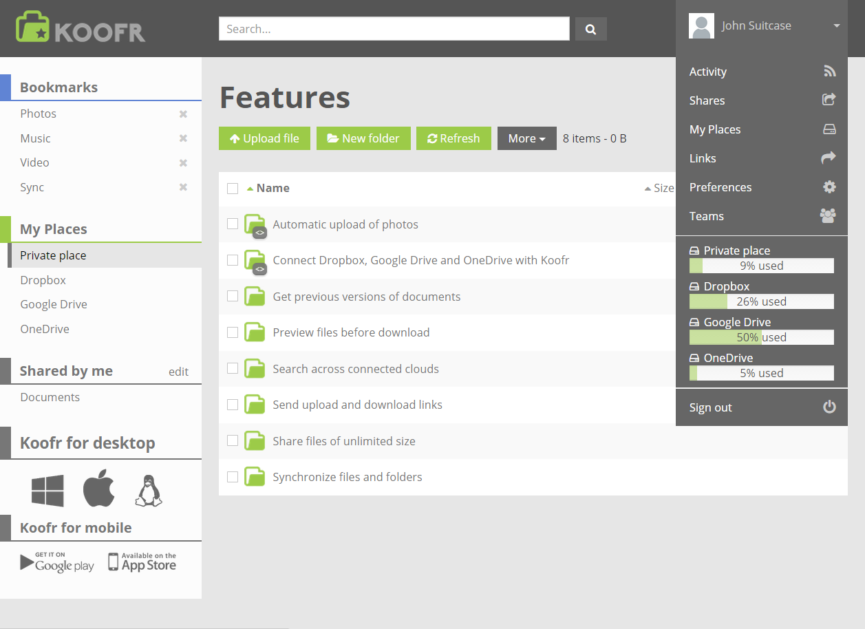 An early screenshot of the Koofr web application, cca. 2014.