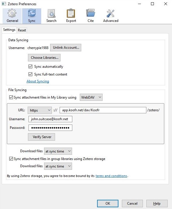 Zotero preferences - type in your Koofr username and generated application-specific password